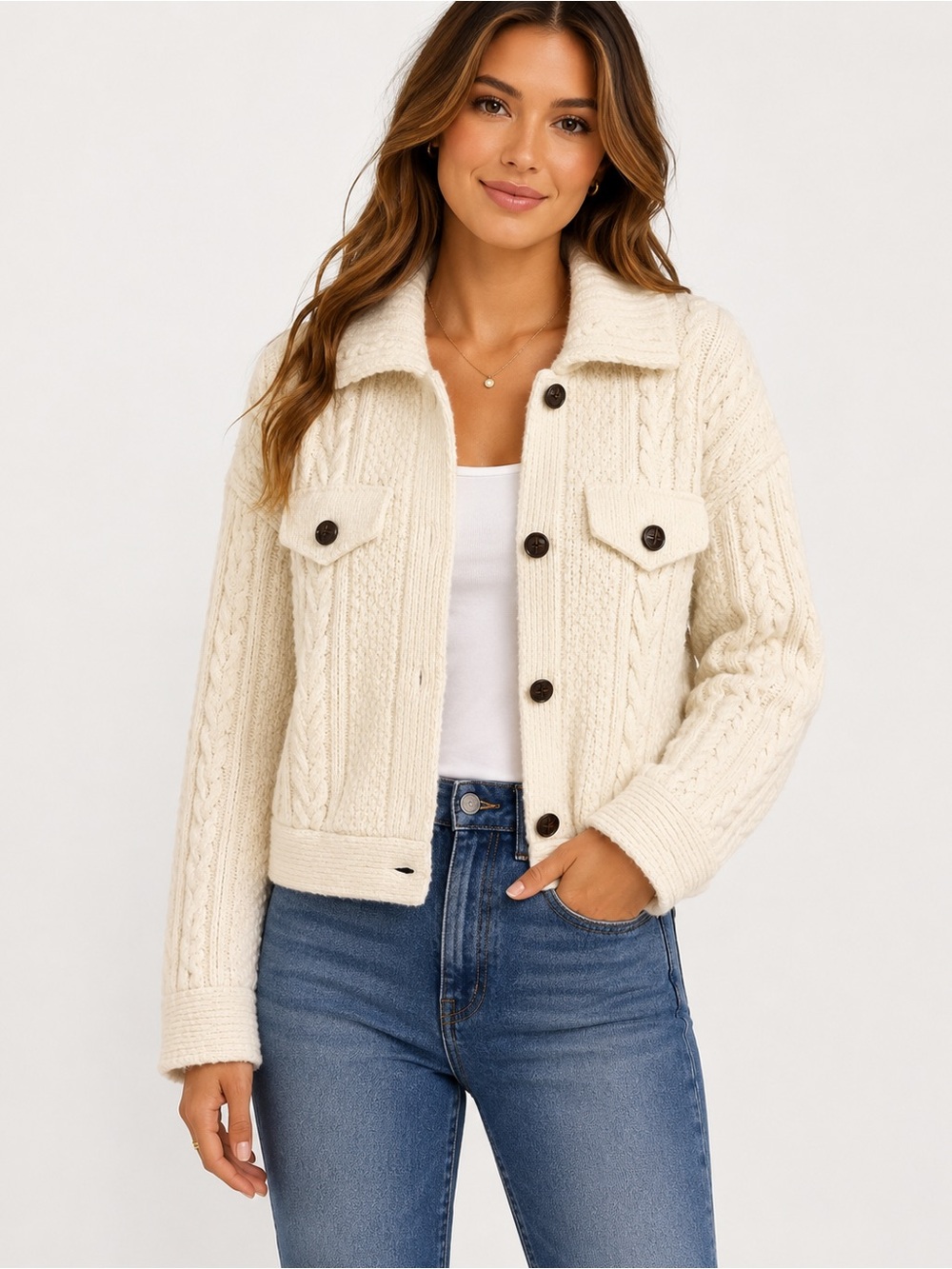 Artisan Ny Cream Cable-Knit Button Jacket cardigan woman’s medium chunky cozy